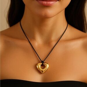 18k Gold Plated Heart Shape Pendant & Black Wax Rope Necklace Medallion